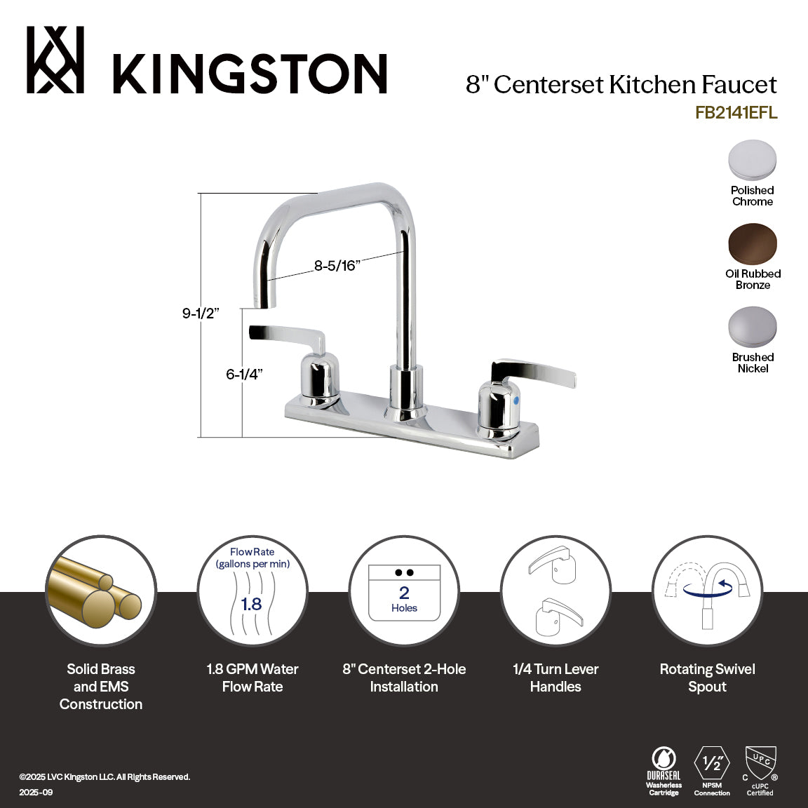 Kingston Tulare FB2148EFL - Centurion Two-Handle 2-Hole 8" Centerset Kitchen Faucet, Brushed Nickel — thumbnail 2
